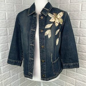 MAC & JAC JEAN JACKET EMBROIDERED FLOWERS 3/4 SLEEVES POCKETS SZ 10 100% cotton
